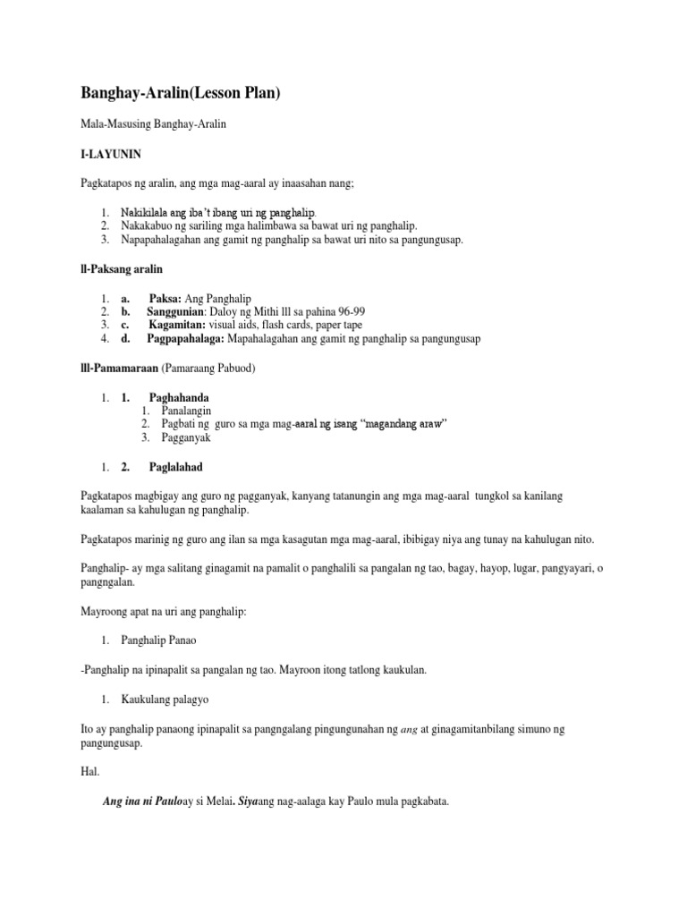 Banghay Aralin Sa Panghalip