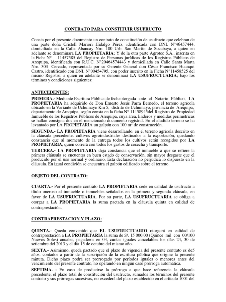 Contrato Para Constituir Usufructo Propiedad Derecho