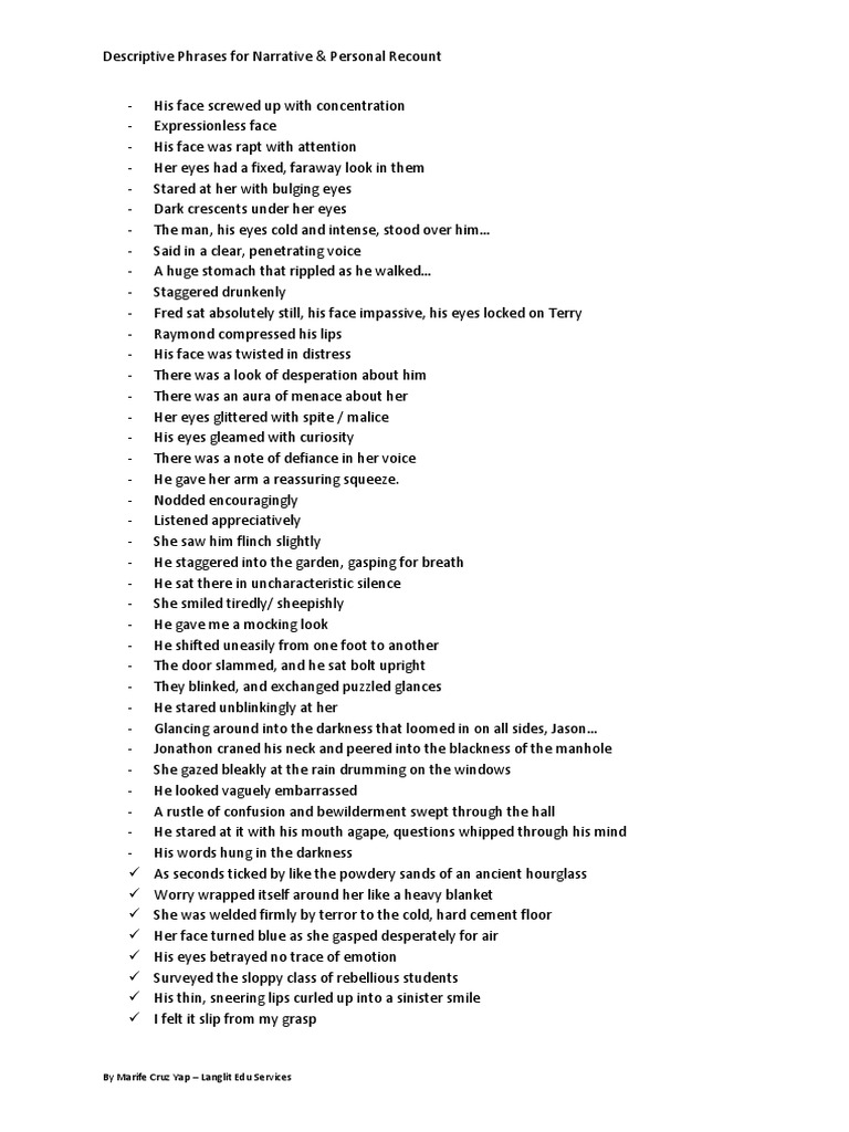 Vivid Descriptive Phrases for Writing | PDF