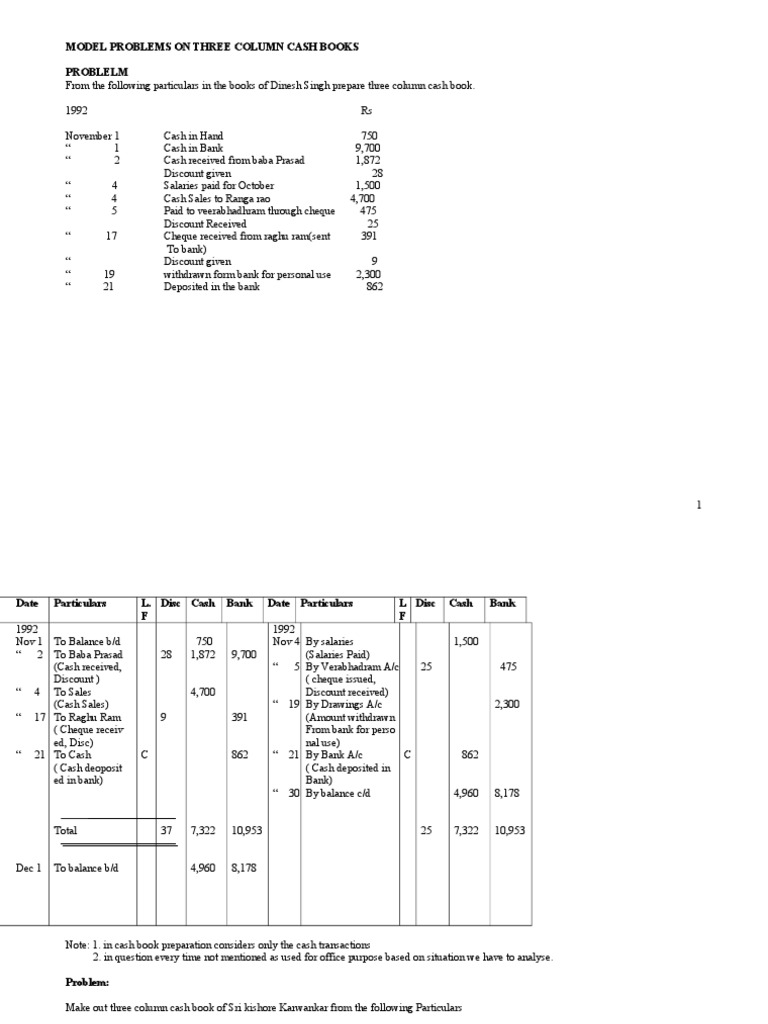 Model Problems On Three Column Cash Books Problelm Cheque Deposit