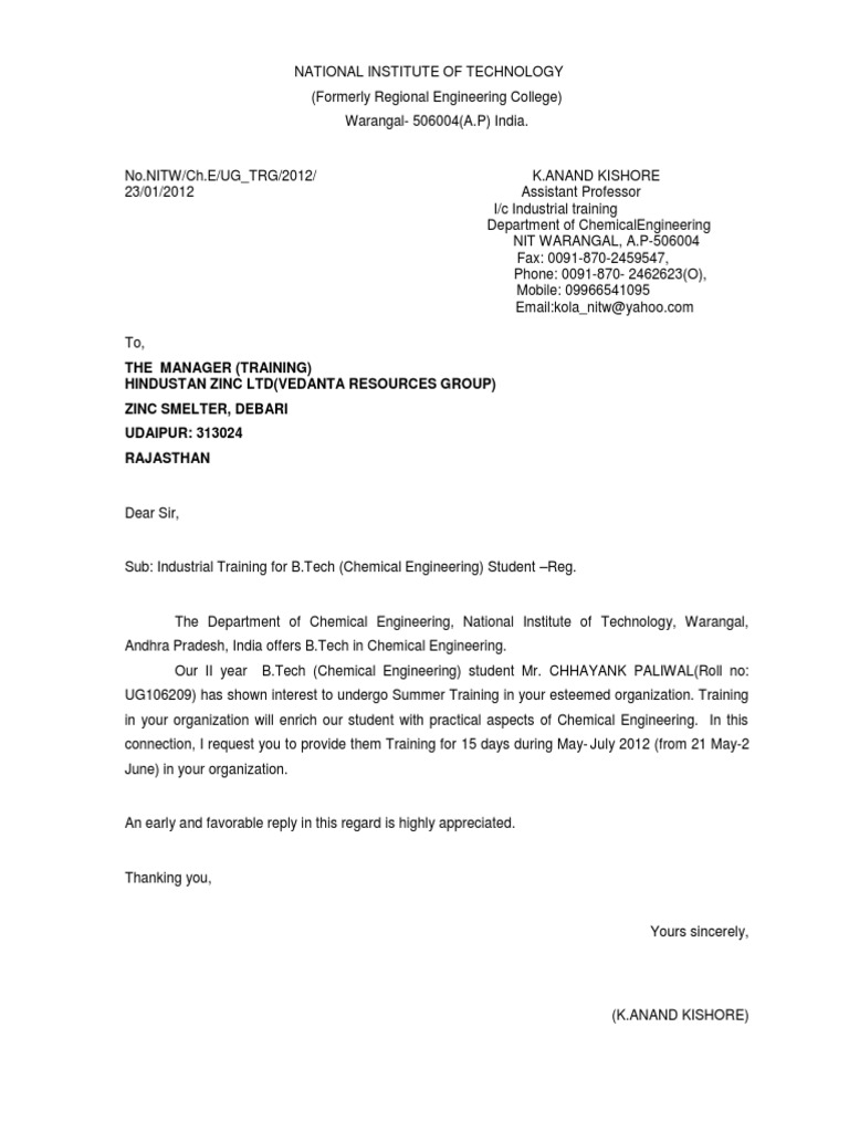 The Manager (Training) Hindustan Zinc LTD (Vedanta Resources Group