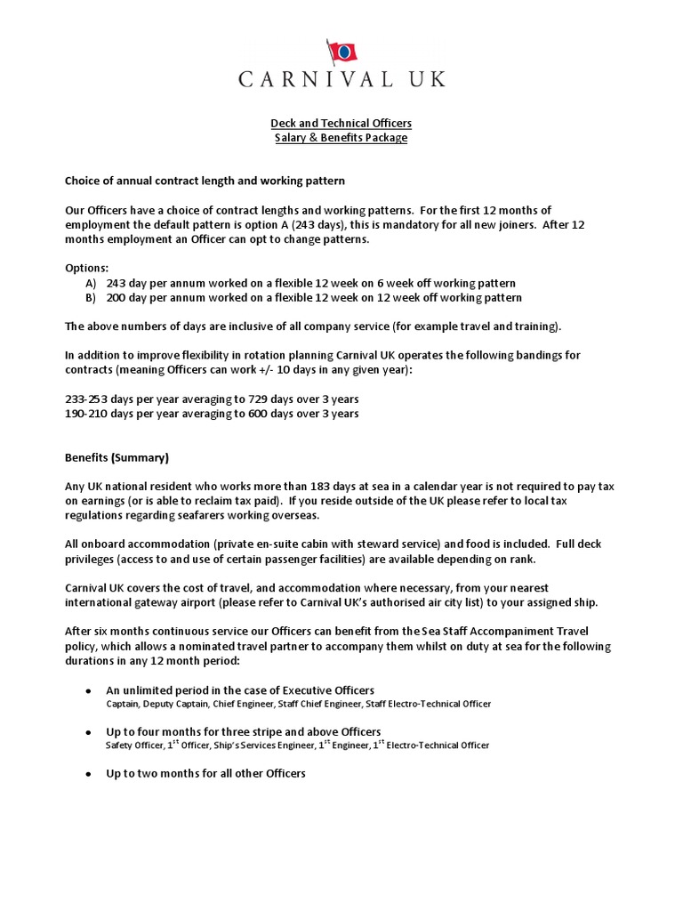 Carnival UK Deck & Technical Department Benefits PDF Salary