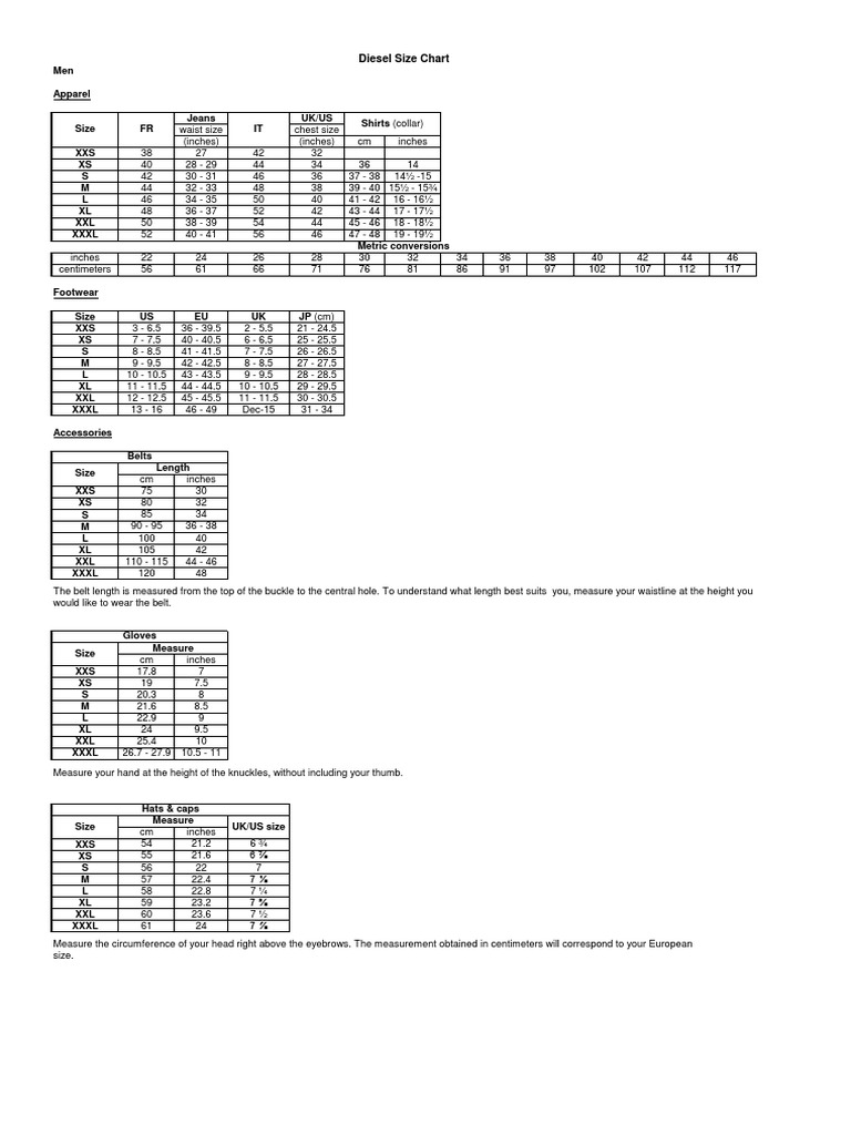 hellige Belyse Slip sko Diesel Mens Size Chart | PDF | Consumer Goods | Softlines (Retail)
