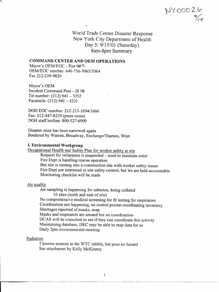 NY B19 Misc FDR - WTC Disaster Response - NYCDOH - 9-15-01 | PDF ...