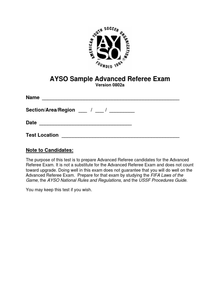 AYSO Advanced Referee Exam Sample | PDF | Referee | Team Sports