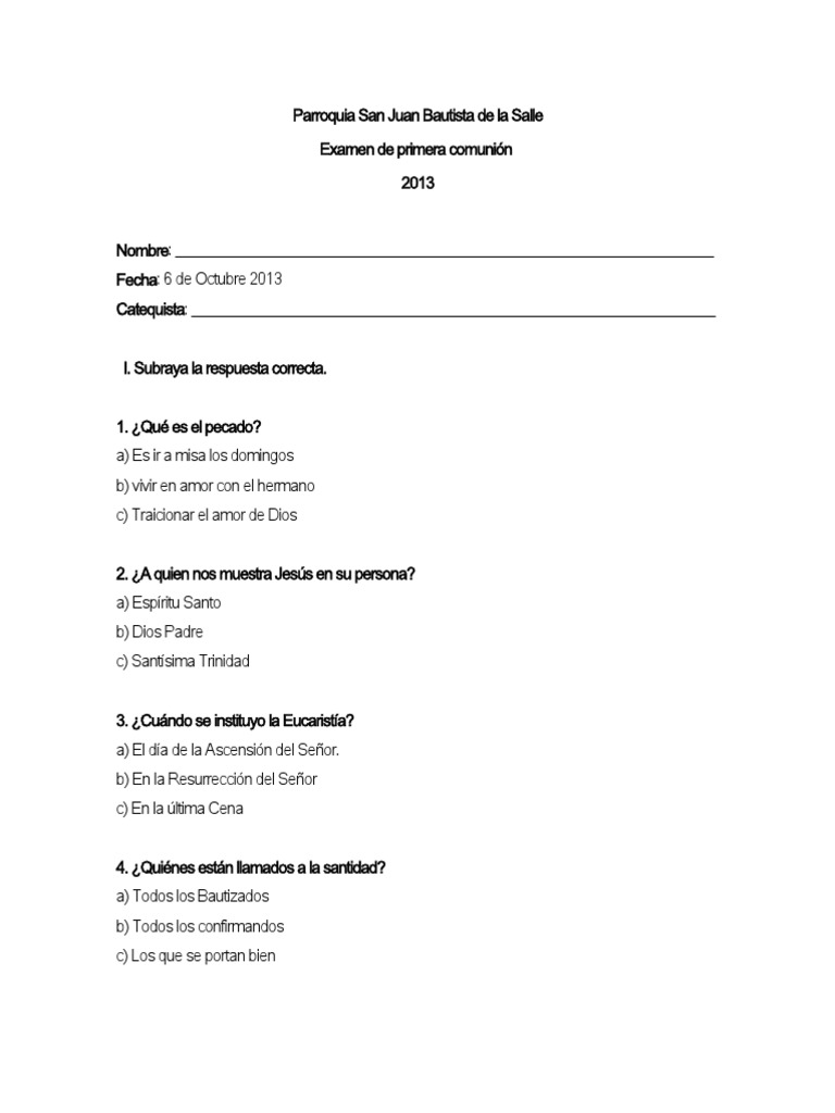 Examen de primera comunión
