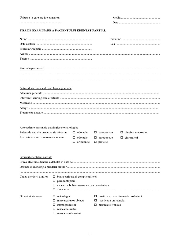 Fisa de Examinare A Pacientului Edentat Partial PDF | PDF