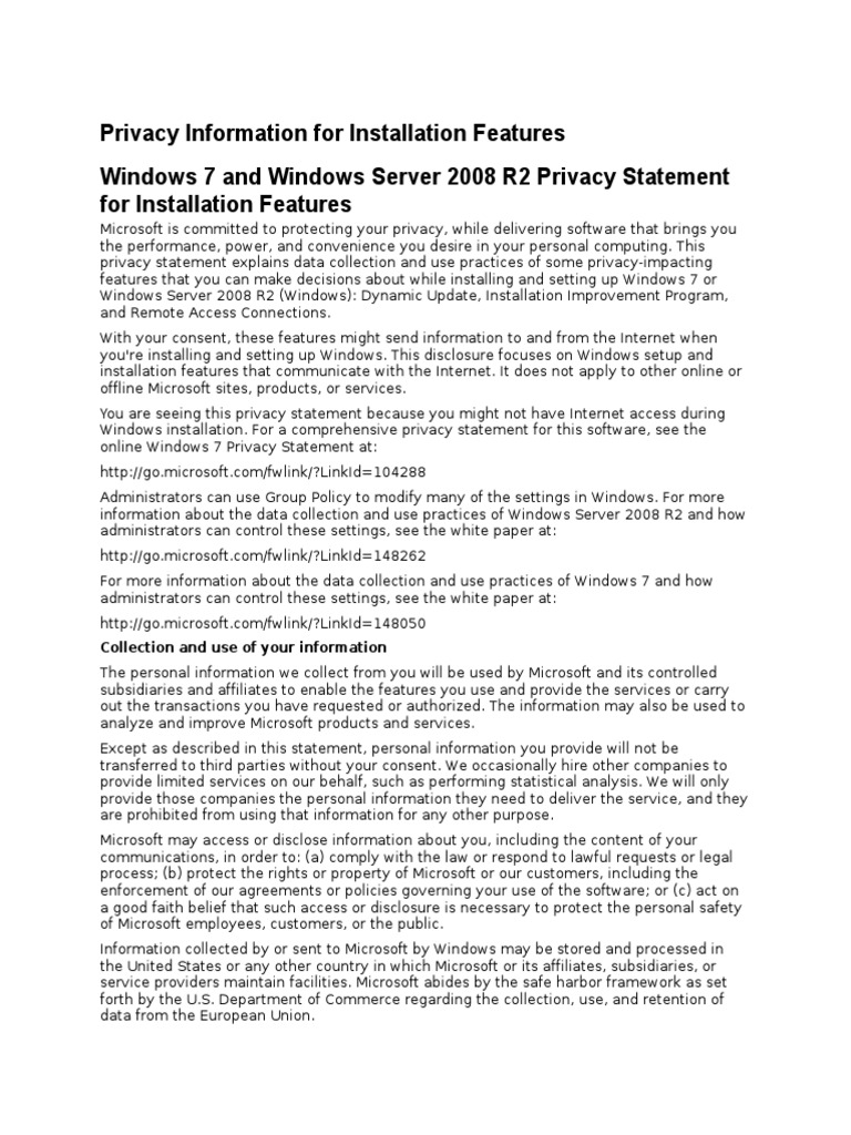 Windows 7 Installation Privacy Overview | PDF