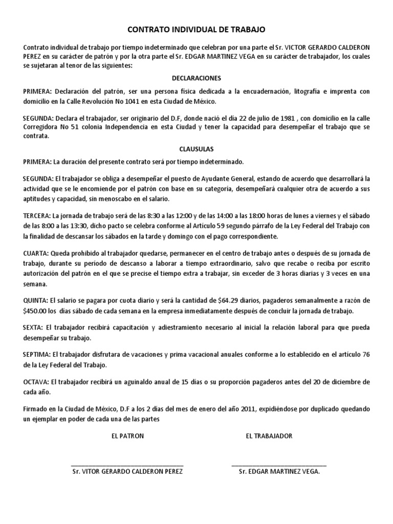 Ley Federal De Trabajo Contrato Individual De Trabajo