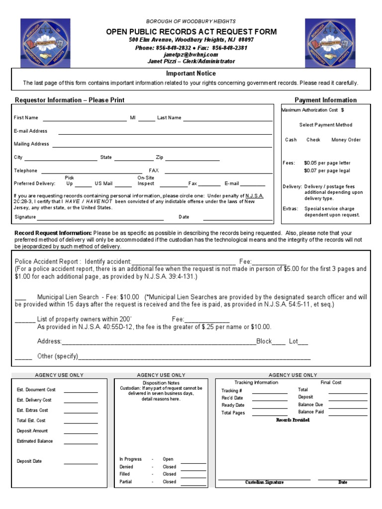 Woodbury Heights OPRA Request Form PDF Discovery (Law) Computer