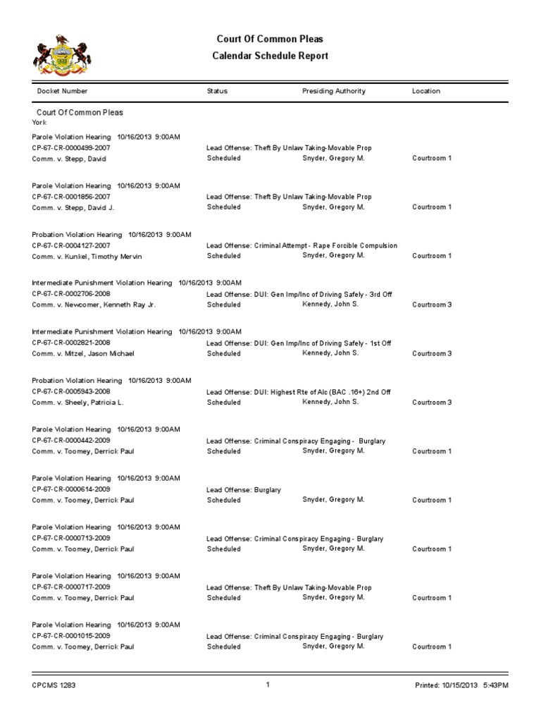 York County Court Schedule For Oct. 16, 2013 PDF