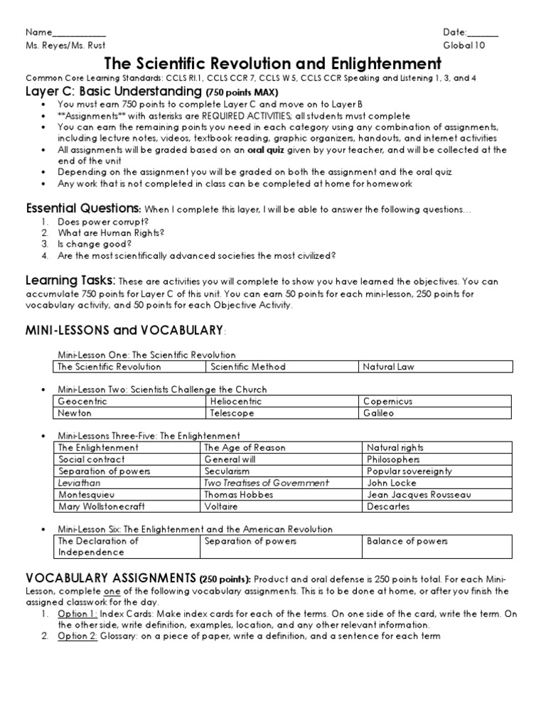 Scientific Revolution and Enlightenment Layering Plan | PDF ...