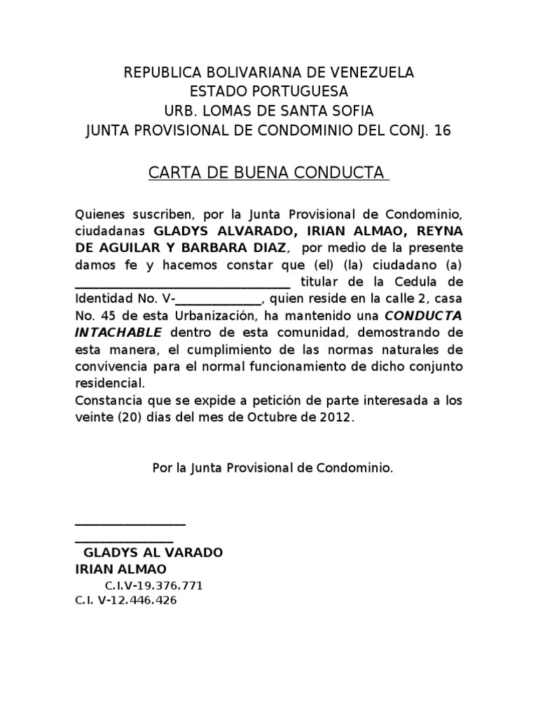 Carta de Buena Conducta y Carta de Residencia | PDF
