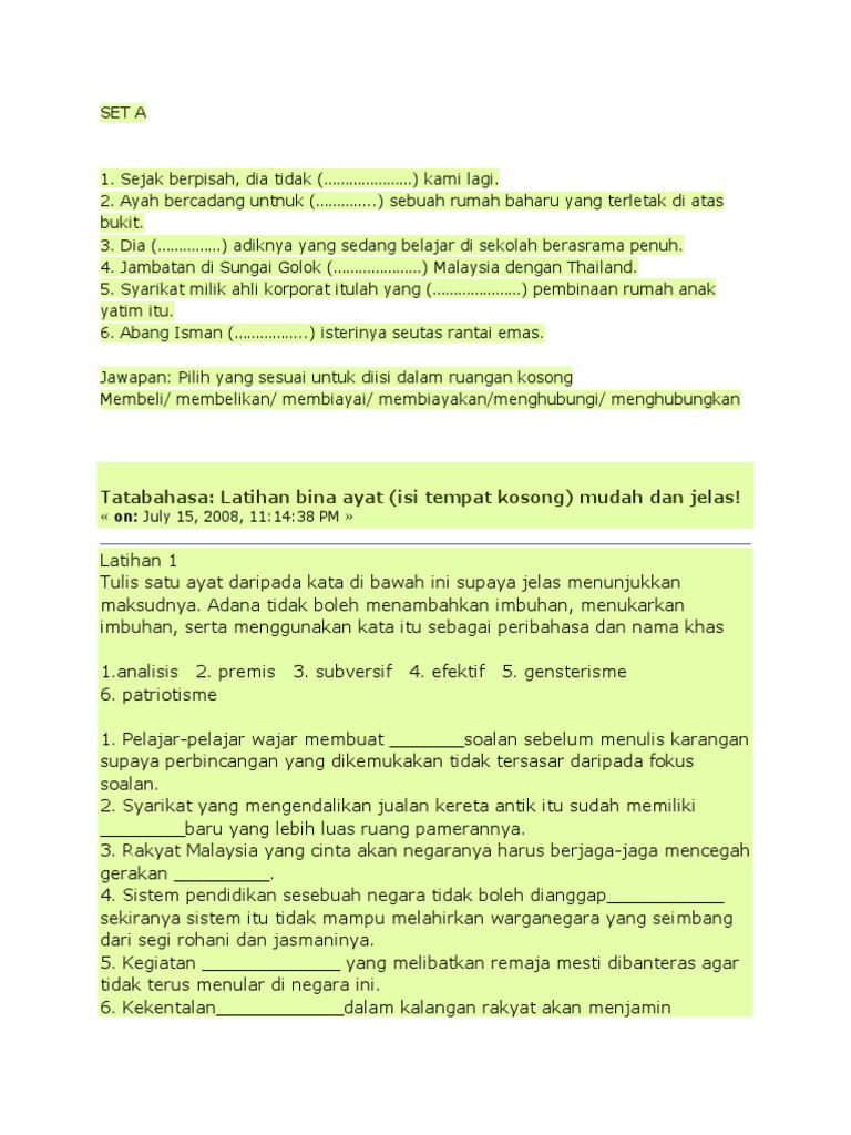 Latihan Isi Tempat Kosong Bahasa Melayu | PDF | Seni & Disiplin Bahasa