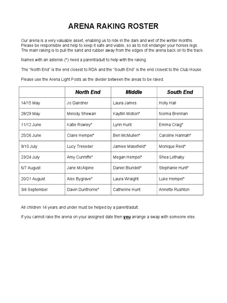 Arena Raking Schedule and Guidelines | PDF