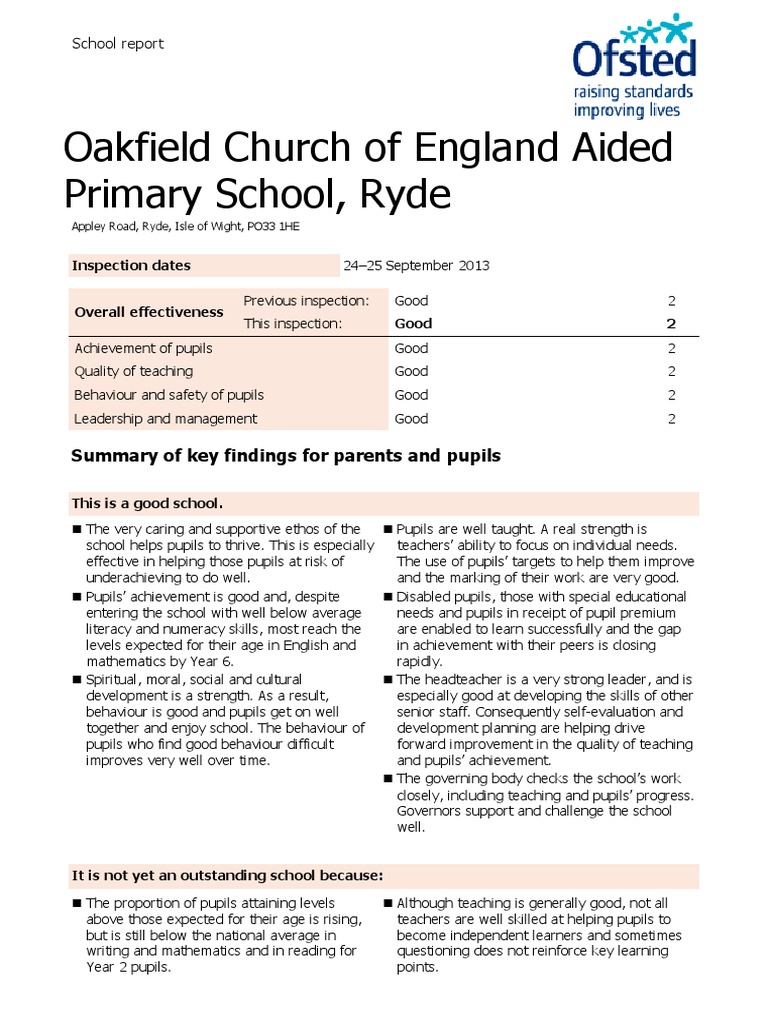 Oakfield Church of England Aided Primary School Ofsted Report PDF