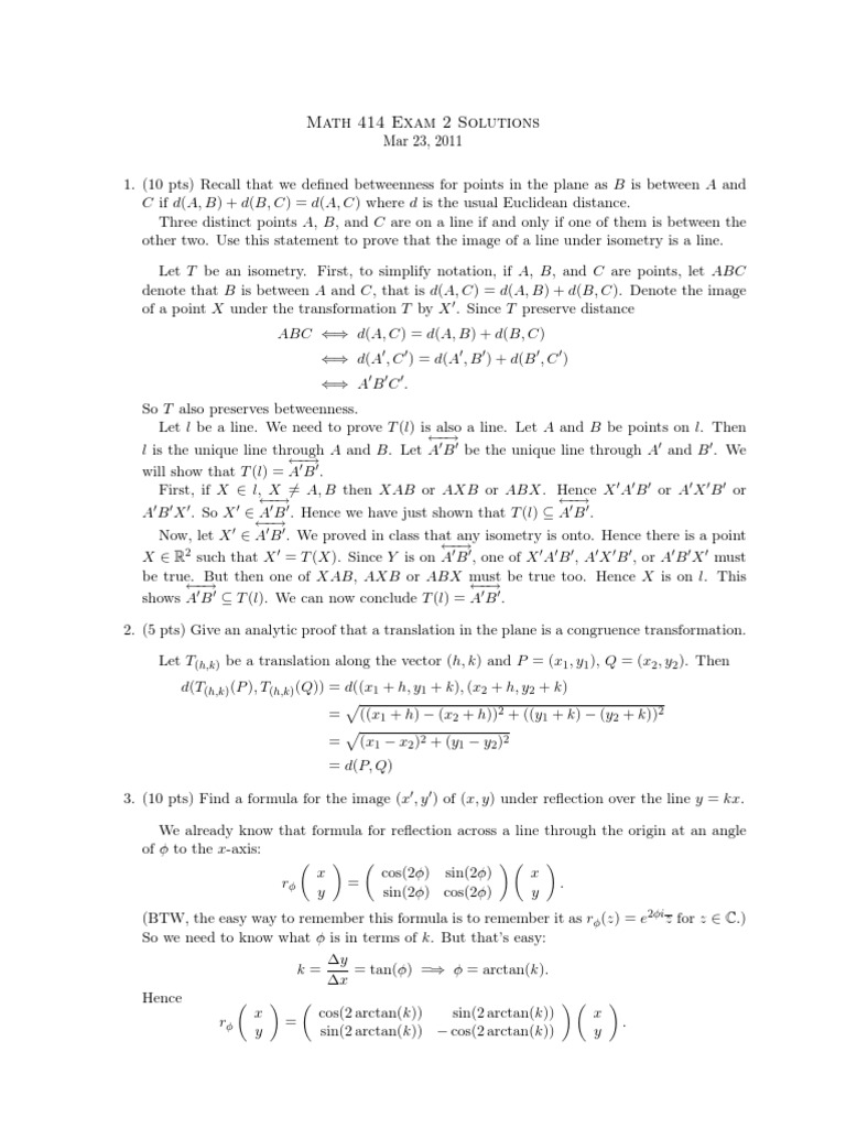 Math 414 Exam 2 Solutions | PDF | Angle | Slope