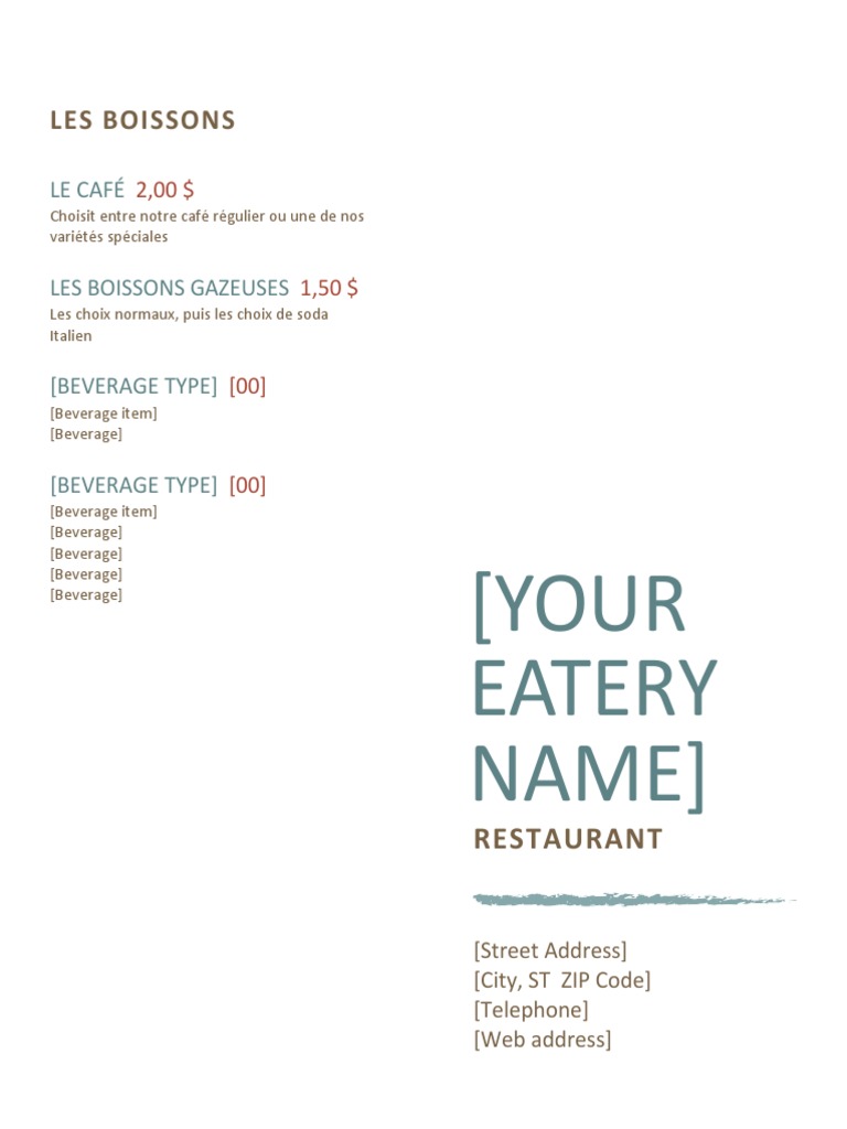 Menu des boissons et plats du restaurant | PDF