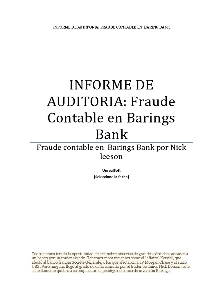 Caso Barings Bank Monica PDF Auditoría Bancario