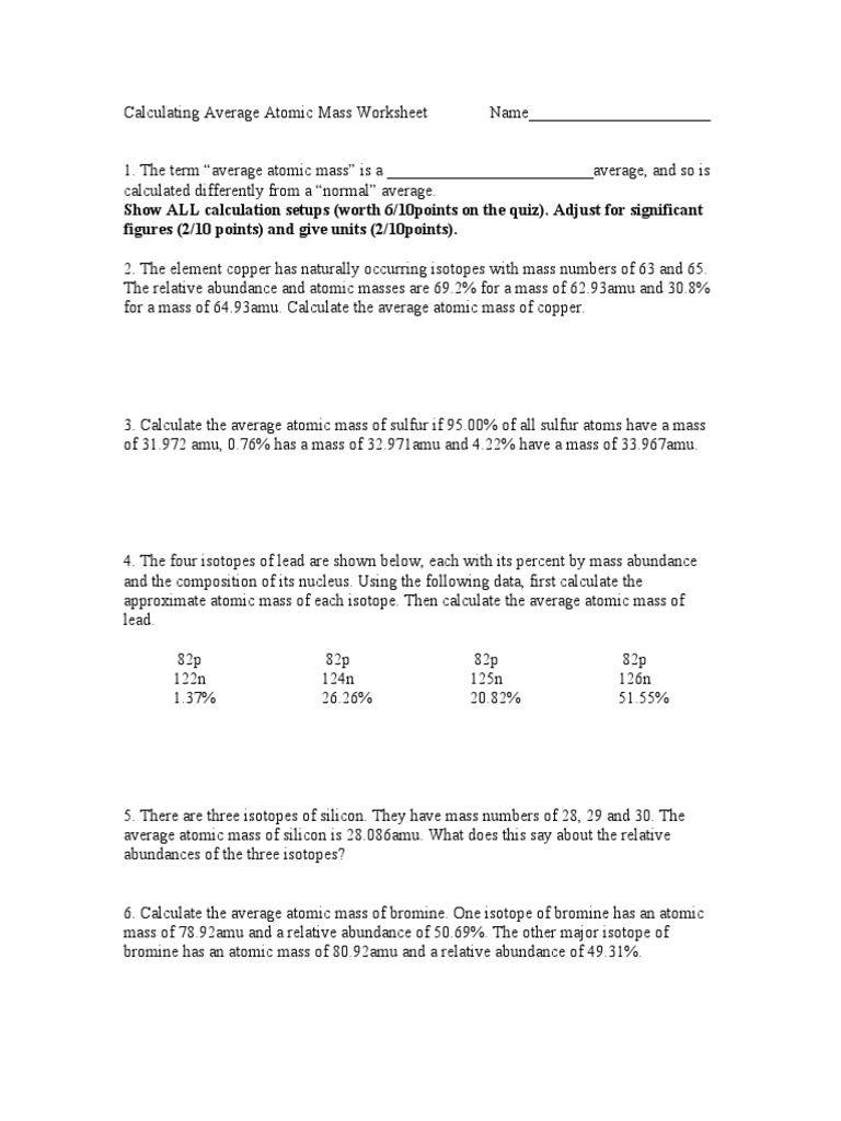 Calculating Average Atomic Mass Worksheet Name  PDF  Atomic Mass  With Regard To Calculating Average Atomic Mass Worksheet
