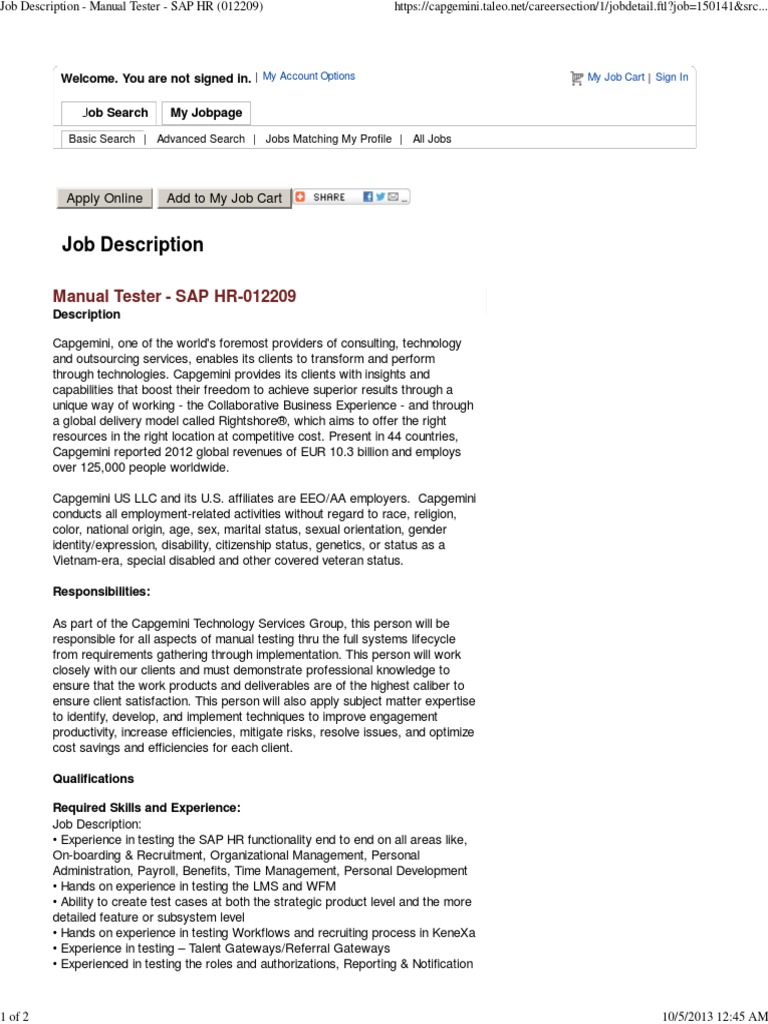 Job Description Manual Tester SAP HR (012209) Consultant