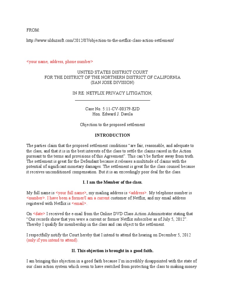 NetFlix Class Action Objection Letter PDF Class Action Settlement