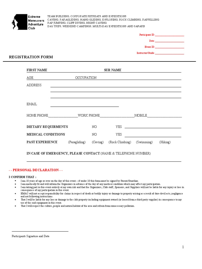 Adventure Sports Registration Form | PDF | Risk | Leisure