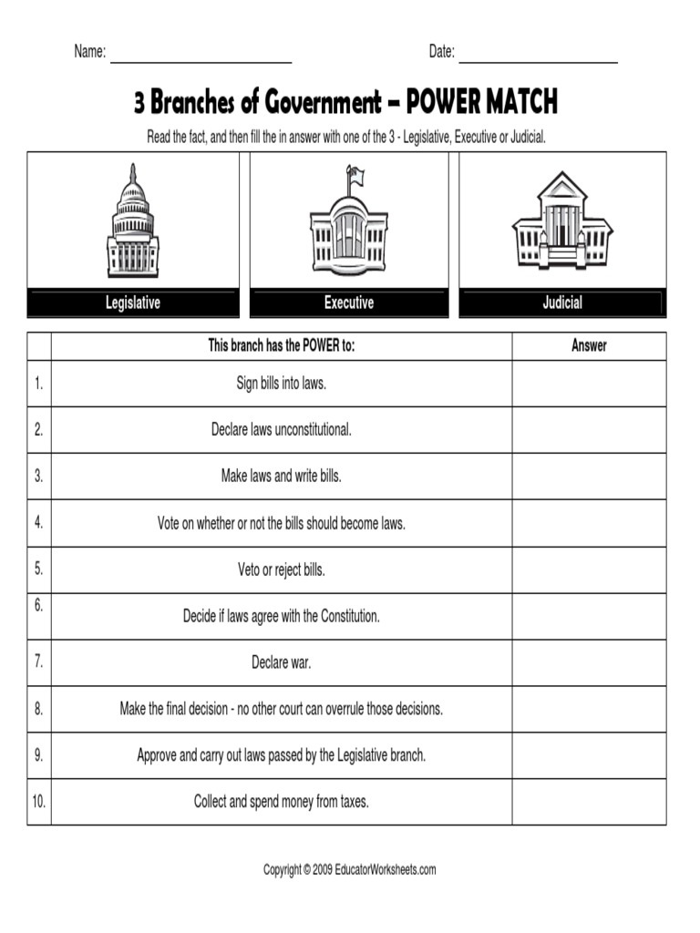 20 Branches of Government Power Match  PDF  Bill (Law)  Veto Regarding Branches Of Government Worksheet