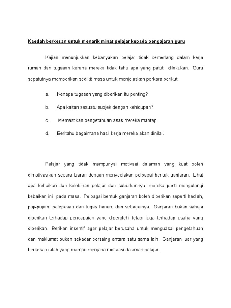 Kaedah Berkesan Untuk Menarik Minat Pelajar Kepada Pengajaran Guru Pdf