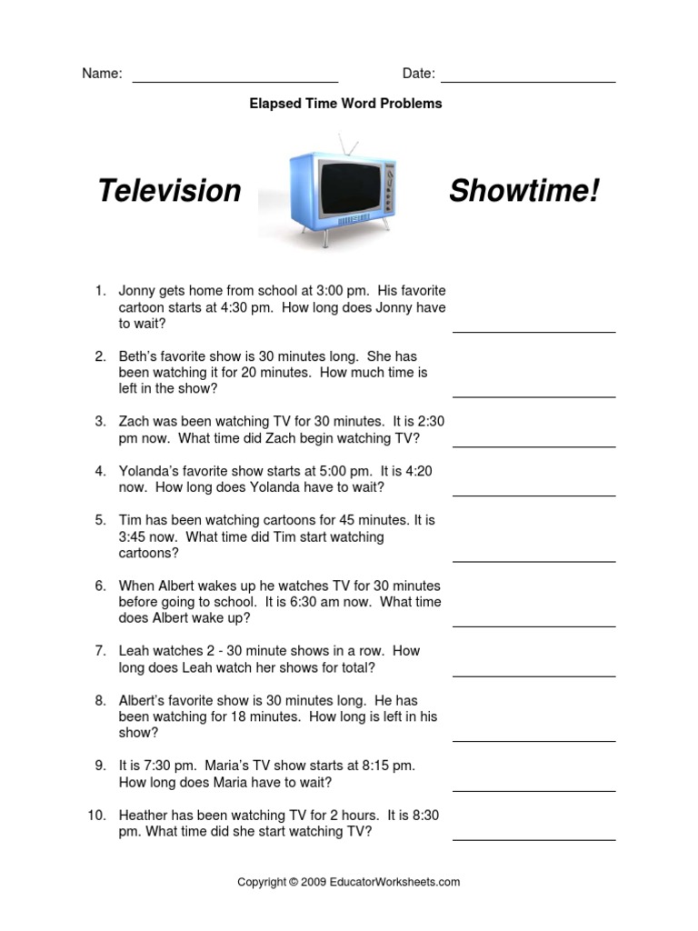 Elapsed Time TV Word Problems | PDF | Television Programs | Leisure