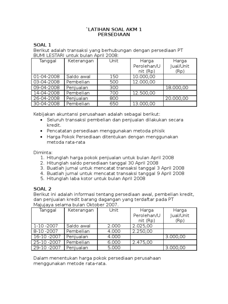 Contoh Soal Akuntansi Keuangan Menengah 1 Persediaan