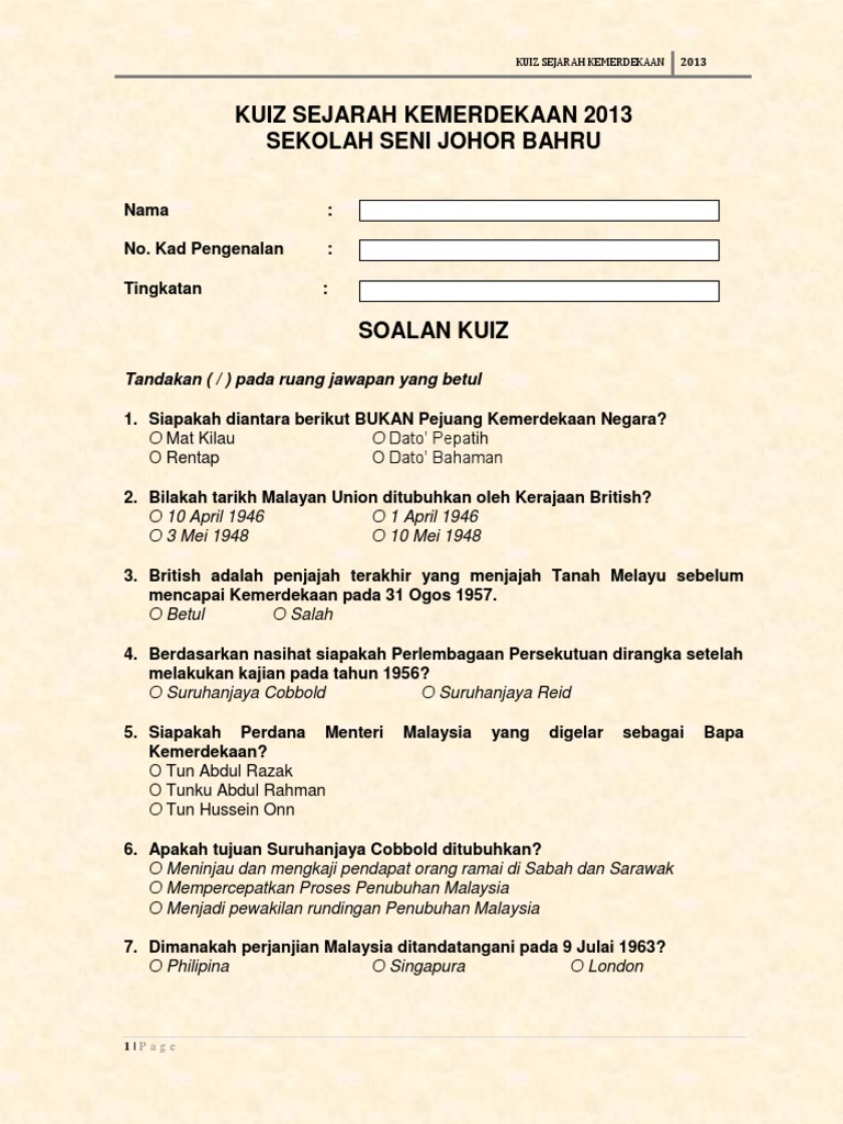 Kuiz Sejarah Pdf
