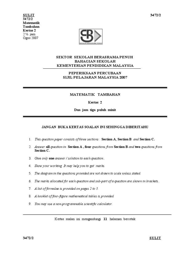 2007 SPM Add Math Trial Paper 2 | PDF