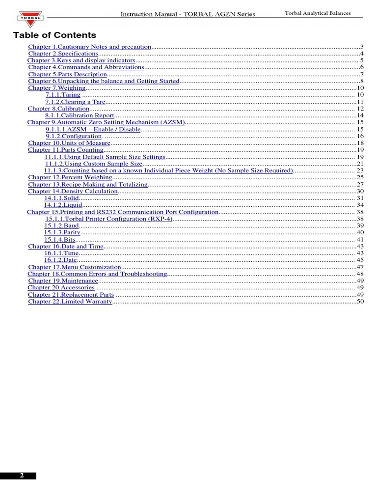 Analytical Balances Torbal AGZN Series PDF Weight Calibration
