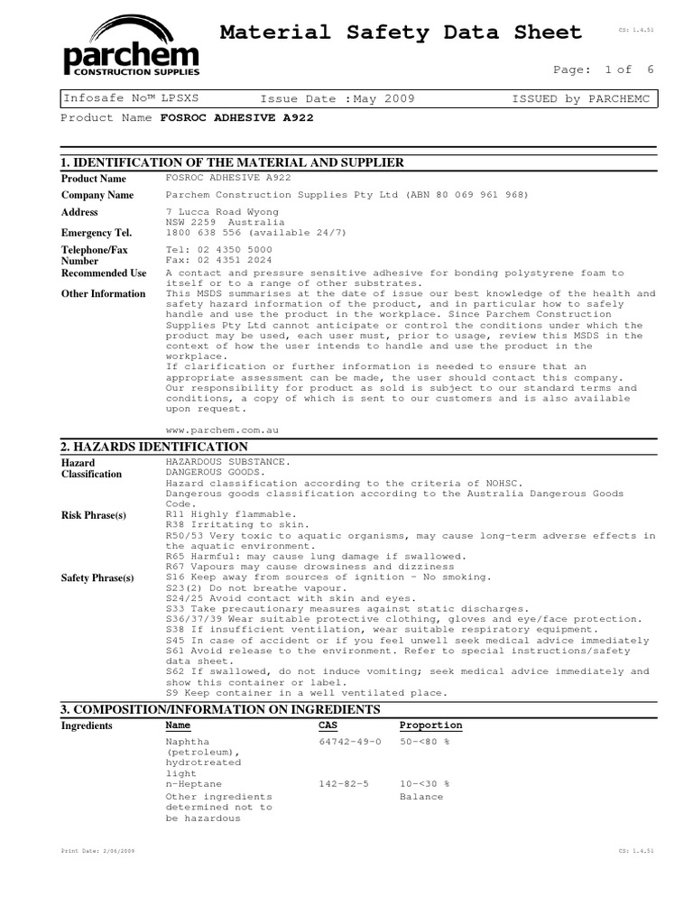 Material Safety Data Sheet Fosroc Adhesive A922