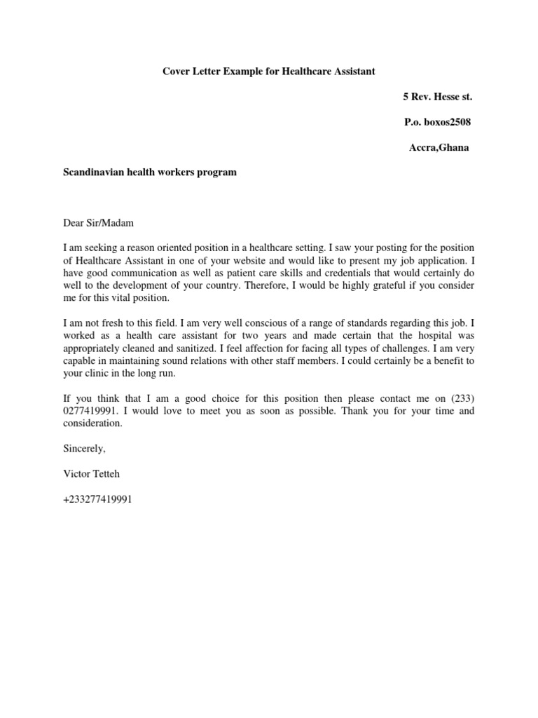 sample cover letter for a healthcare assistant