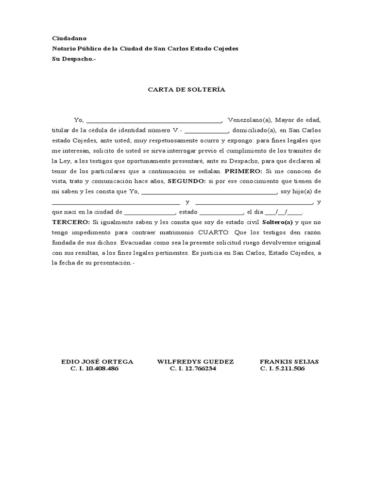 Carta de Solteria. Modelo | PDF