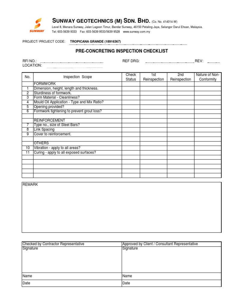 Pre-Concreting Inspection Checklist | PDF