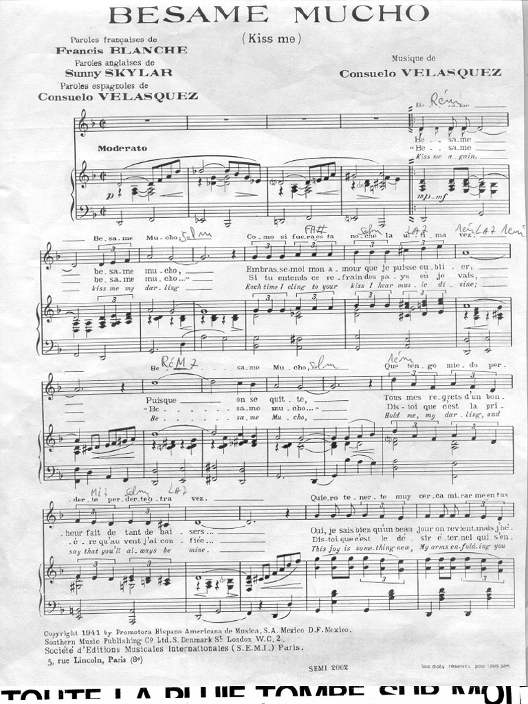 Paroles De Besame Mucho En Francais Besame Mucho Pianoforte E Voce | PDF