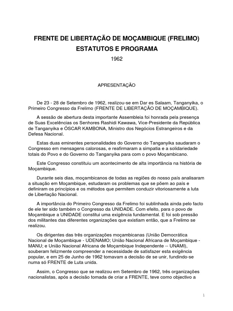 Primeiro Congresso da FRELIMO (1962) | PDF | Moçambique | Nação