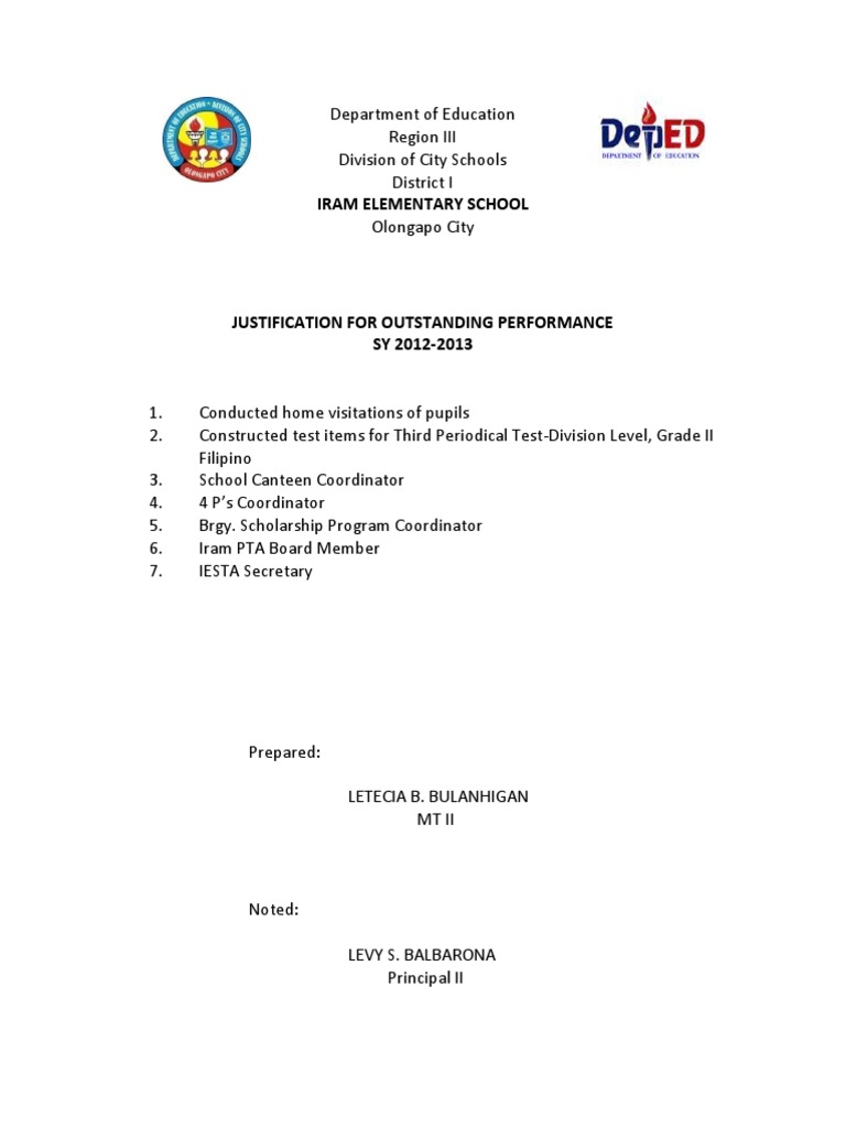 Justification for Outstanding Performance | PDF