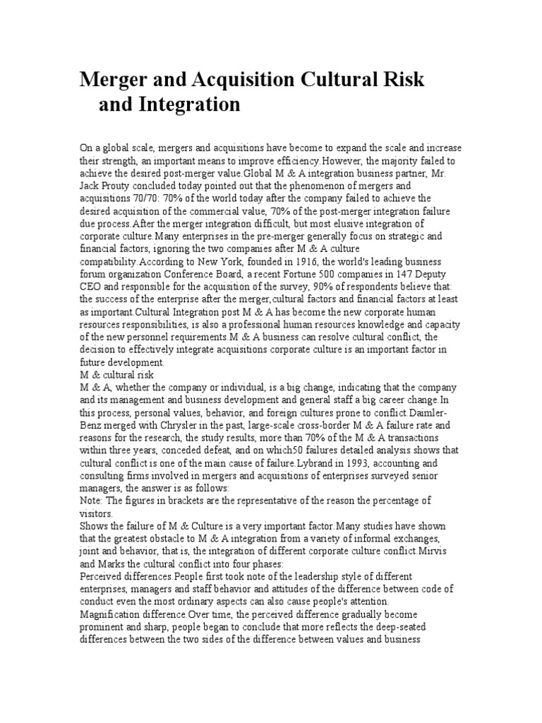 Merger and Acquisition Cultural Risk and Integration | PDF | Mergers ...