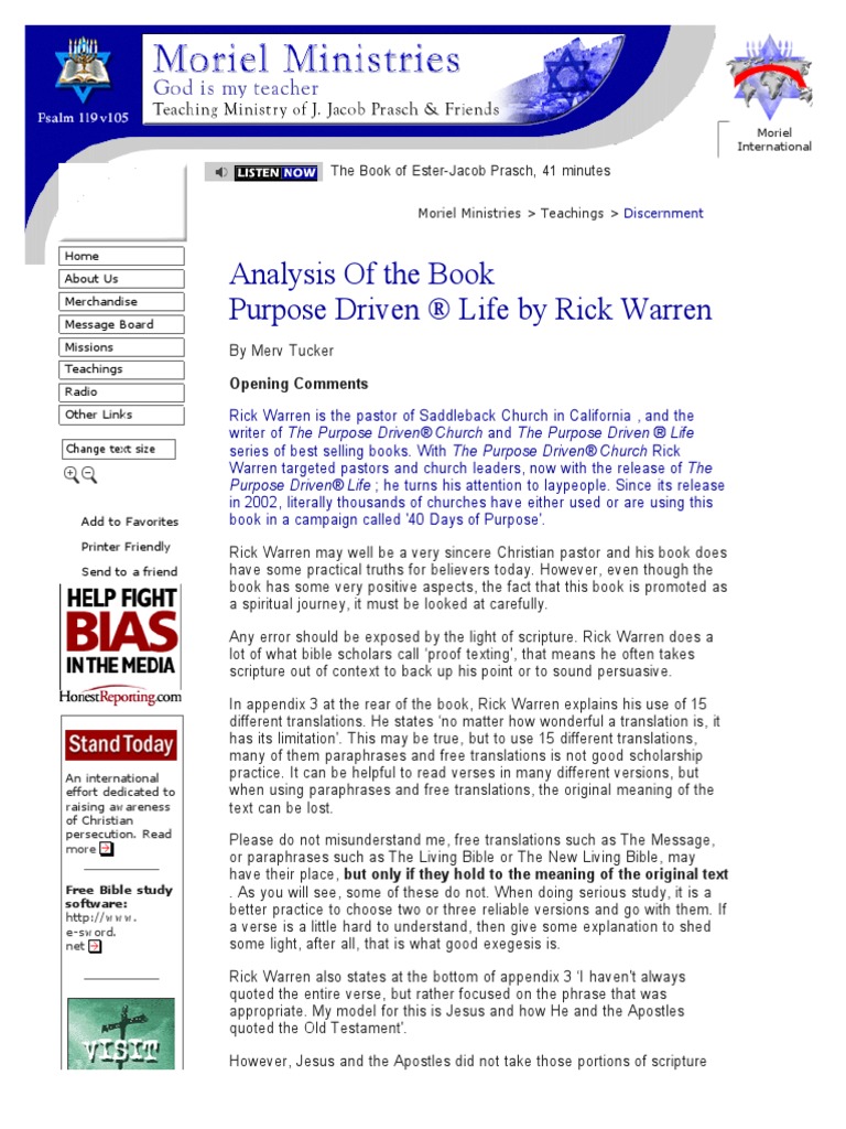 Analysis of The Book Purpose Driven Life by Rick Warren - Moriel ...