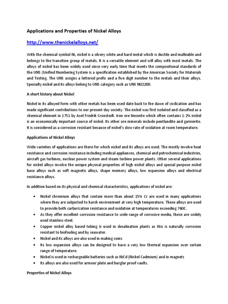 Applications and Properties of Nickel Alloys PDF Nickel Alloy