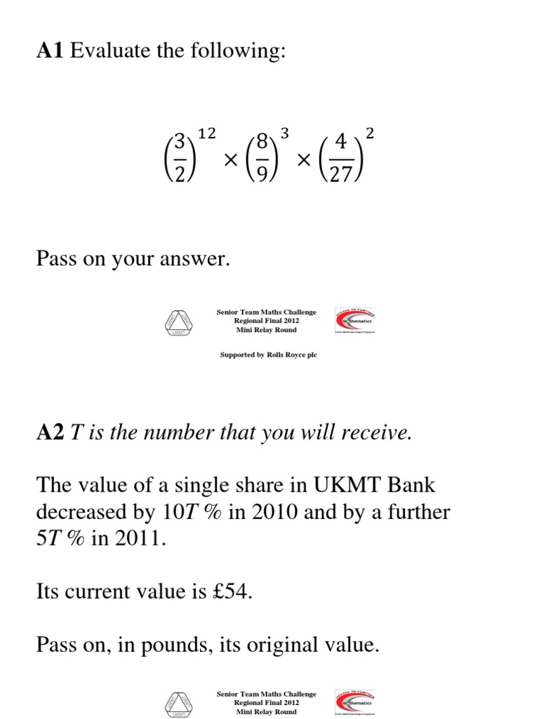 Mini Relay Regional Questions 201213 PDF Fraction (Mathematics