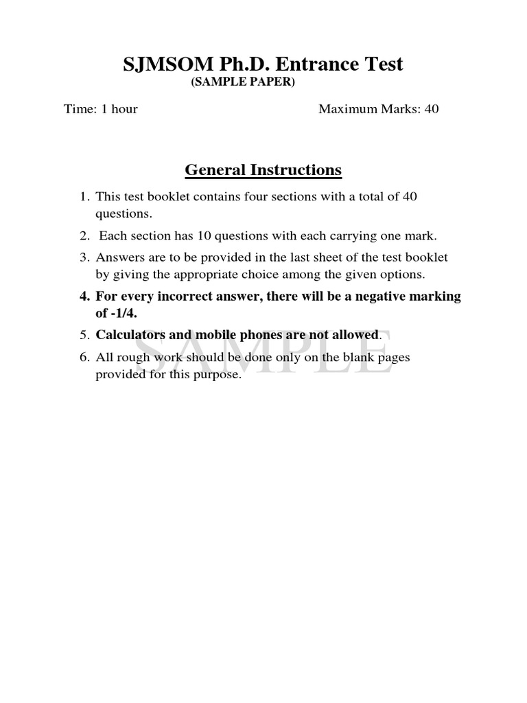 SJMSOM Ph.D. Entrance Test Sample Paper | PDF