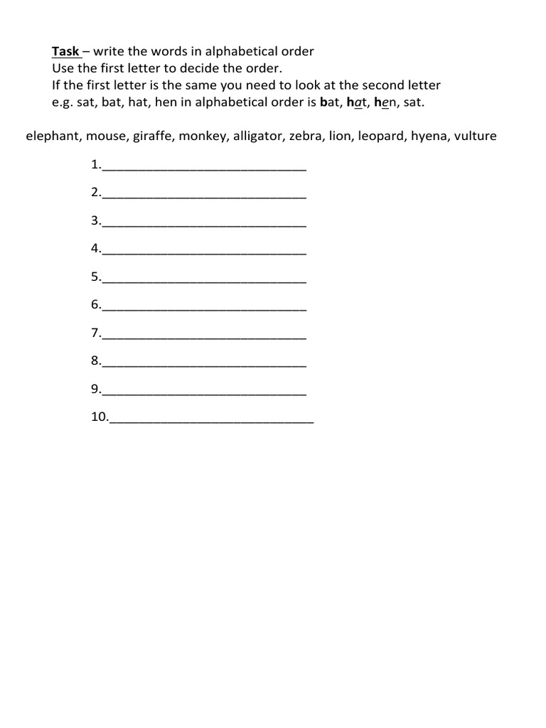 Alphabetical Order Sorting Task | PDF | Language Arts & Discipline ...