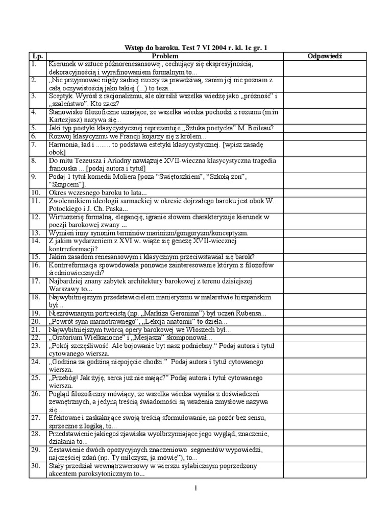 Wstęp do baroku. Test. Szkoły ponadgimnazjalne