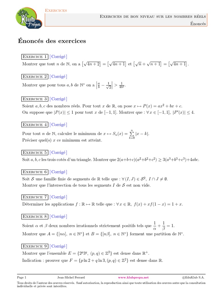Ensembles De Nombres Seconde Exercices Corrigés Pdf 17 Exercices de Bon Niveau Sur Les Nombres Réels | PDF | Extremum |  Arithmétique