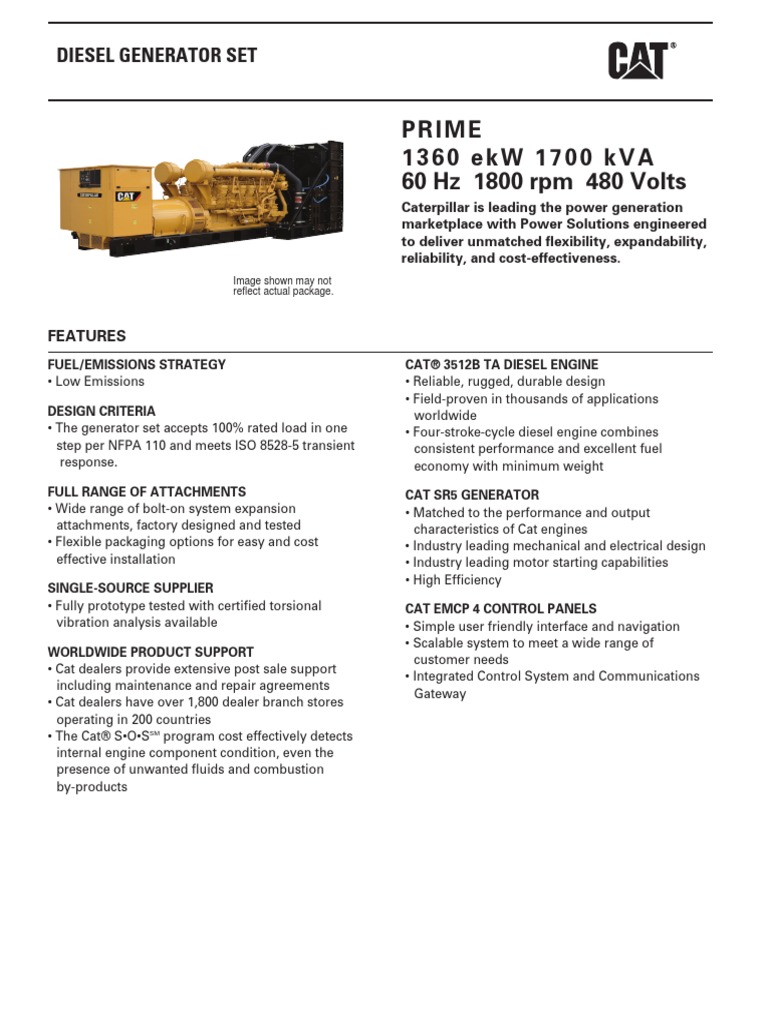 Prime 1 3 6 0 E K W 1 7 0 0 K V A 60 Hz 1800 Rpm 480 Volts Diesel Generator Set Diesel Engine Engines
